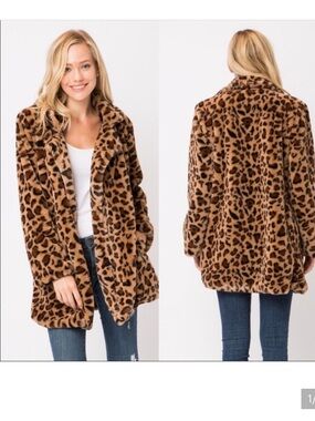Pink Lily Leopard Print Teddy Jacket - Brown & Black. Womens Size S. Single Hook